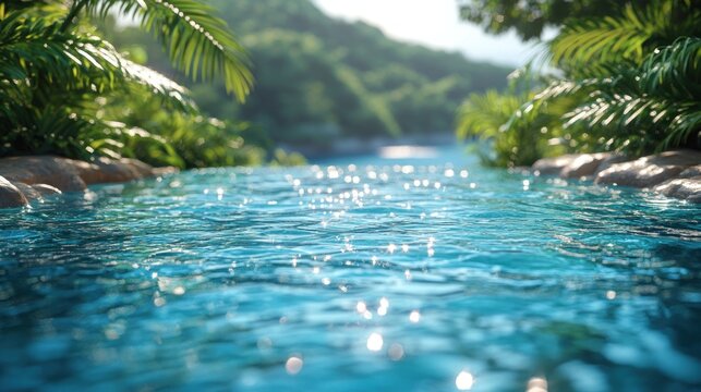 Tropical stream flowing through lush foliage.  Possible use nature background, travel brochure