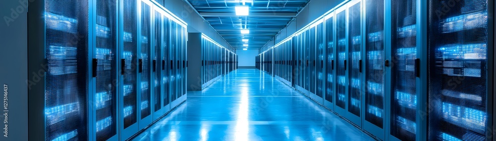 Poster a futuristic server room featuring rows of sleek data cabinets illuminated by soft blue lighting, co