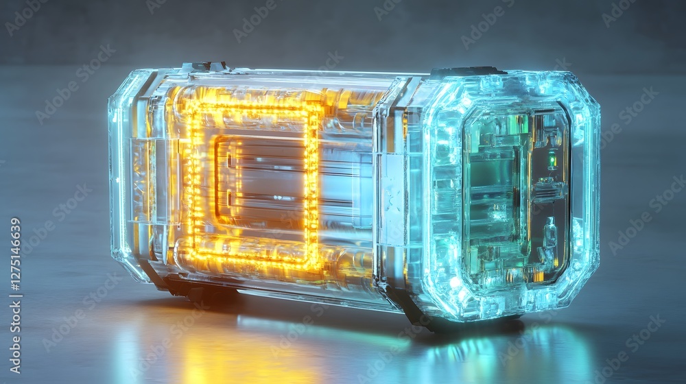 Poster a futuristic transparent device illuminated by soft orange and blue lights, showcasing modern design