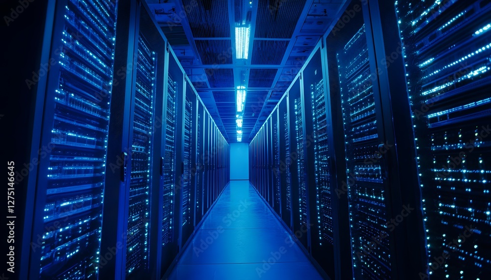 Poster a futuristic view of a data center with rows of server racks illuminated by blue lights, showcasing 