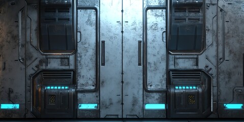 Tileable sci-fi texture with futuristic mech panels, piping, and glowing blue lights. Weathered white & black highlights, perfect for games and 3D art. High-res, unreal-ready.