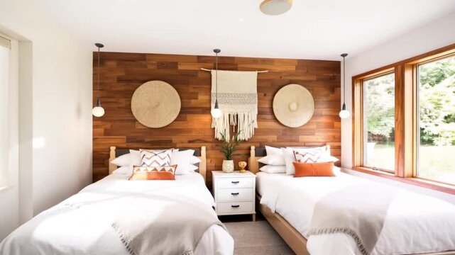 hotel room interior Two twin beds with white bedding and decorative pillows in a modern bedroom.