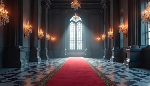 Long red carpet leads to old castle entrance. Classical decorations, chandeliers hang from ceiling. Walls dark colors, light streams in through windows, architectural interior with checkered floor.