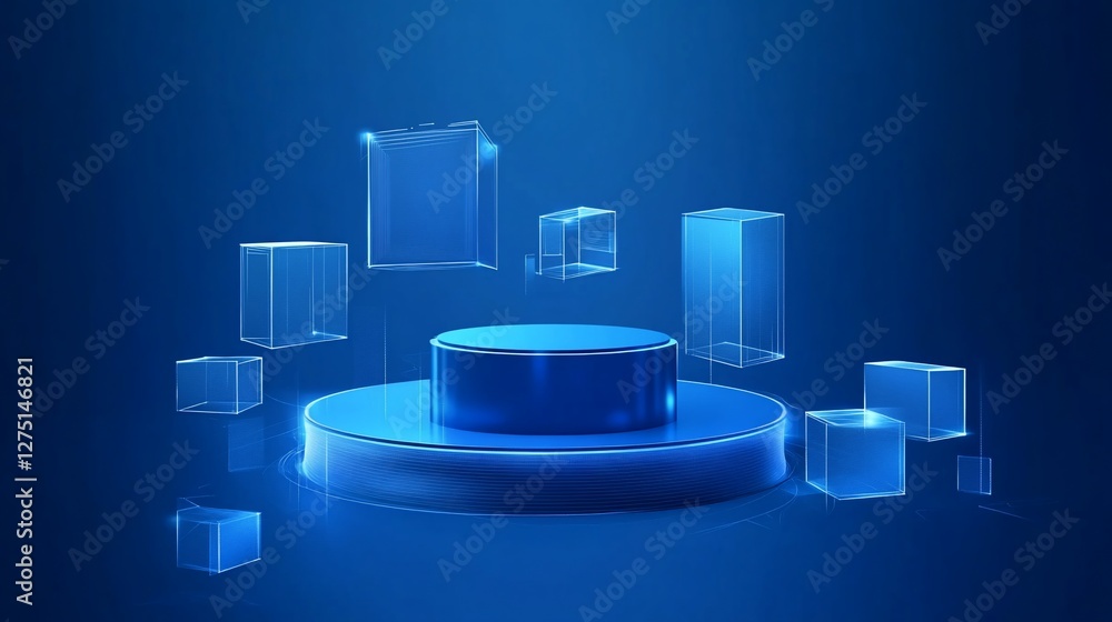 Poster abstract blue background with a circular platform and floating translucent cubes