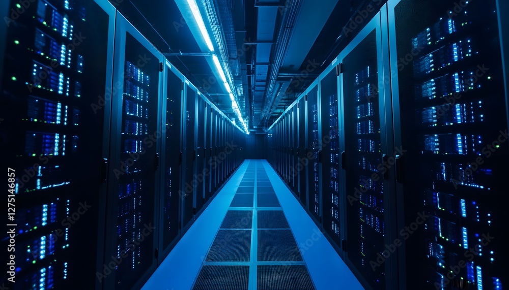 Poster a high-tech data center showcases rows of servers illuminated by cool blue lighting, illustrating ad