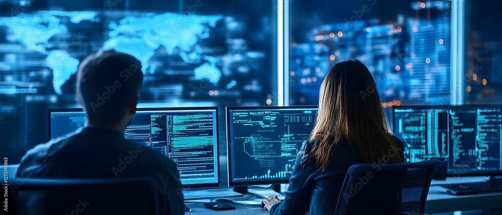 Poster a high-tech control room with two professionals focused on multiple screens displaying complex data 