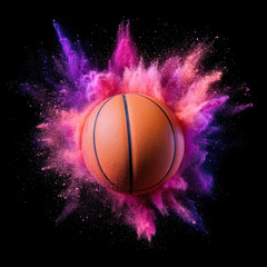 Fototapeta premium Exploding colorful powder around basketball on black background for creative sports design