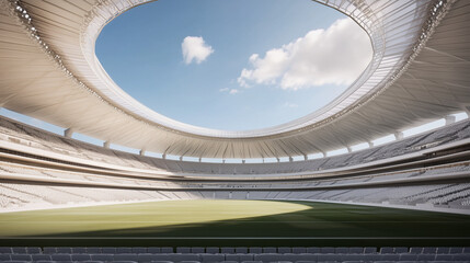 Modern Grandeur: Capturing the expansive architecture of a modern stadium, a mesmerizing interplay of concrete and light. Looking upwards into a clear, azure sky.