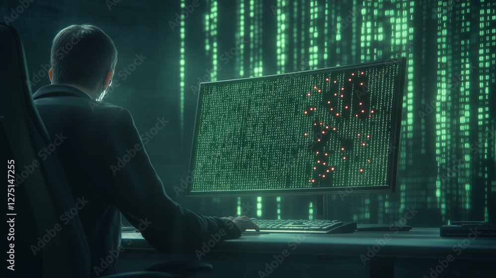 Poster digital surveillance: a person sits at a desk in a dimly lit room, eyes fixated on a computer screen