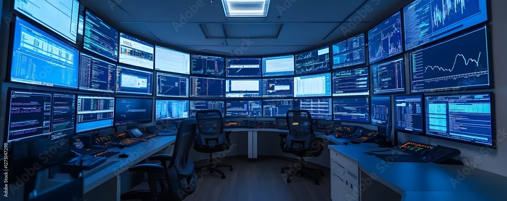 Poster a modern control room featuring multiple screens displaying data analytics, graphs, and statistics. 
