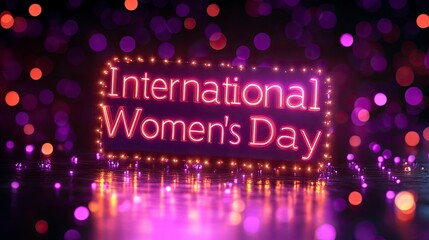 Chic Futuristic Glow design with "International Women's Day" in clean white letters, set against a gradient purple background with subtle geometric patterns and glowing light effects.