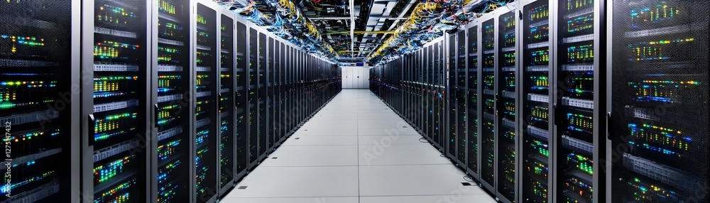 Poster a modern data center showcasing multiple server racks lined up in a sleek corridor