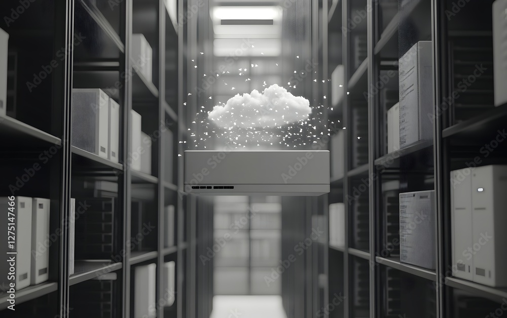 Poster a modern data center with a floating cloud symbolizing cloud computing and digital storage solutions