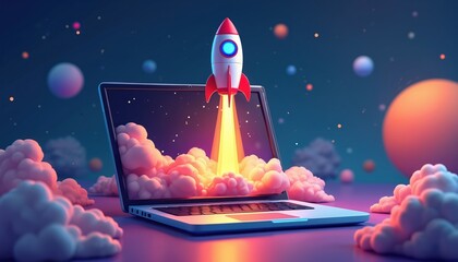 Laptop with rocket launching out of screen with clouds. Concept of business startup, high tech innovation, creative idea, space tech development and successful marketing campaign.