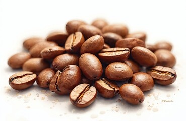 Naklejka premium Watercolor close-up illustration of pile of shiny brown coffee beans isolated on transparent background. Good for hot invigorating drink presentations, food ingredient ads.