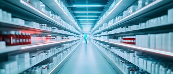 A modern pharmaceutical aisle with neatly arranged products and bright lighting, showcasing cleanliness and organization.