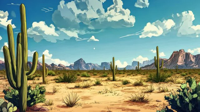 Desert landscape with cartoon style cacti and mountains in the background during a sunny day, desert landscape, video background, for streamer backdrop
