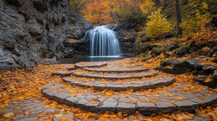 Autumn Waterfall Steps in Forest