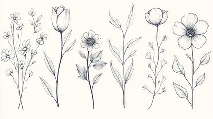 Delicate botanical line art featuring naturally imperfect hand-drawn flower silhouettes, including detailed daisy, tulip, and wildflower outlines with visible pencil stroke textures, organic leaf