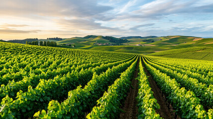 Lush green vineyard rows stretch across rolling hills under a vibrant sky, capturing the beauty of rural landscapes and agricultural abundance.