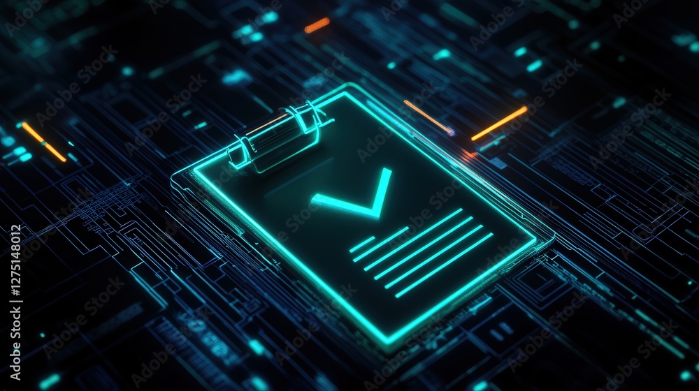 Poster document and a green checkmark, symbolizing a flawless audit result, illuminated on a dark digital b