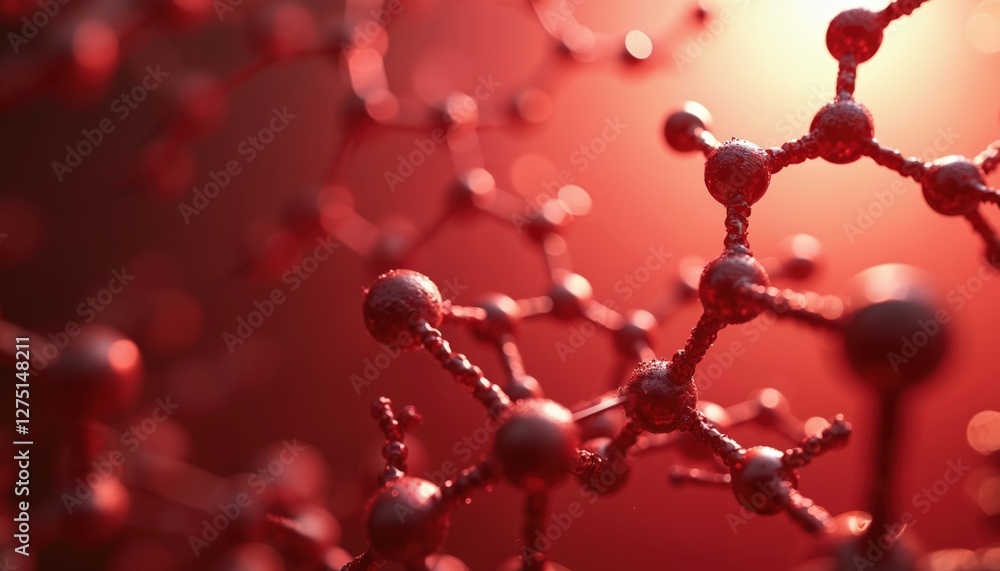 Poster abstract 3d render of red molecule structure background. connection, atom dna medical science concep