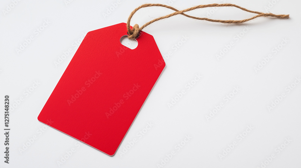 Poster red tag with string: a vibrant red tag hangs delicately by a natural string, capturing a sense of si