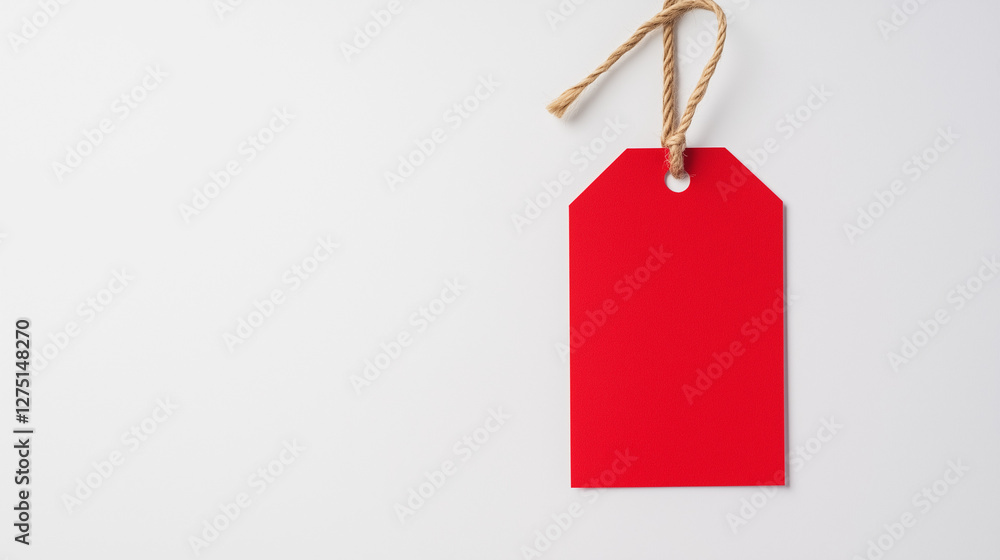 Poster red tag: a vibrant red tag, suspended by a natural twine string, offers a blank space for personaliz