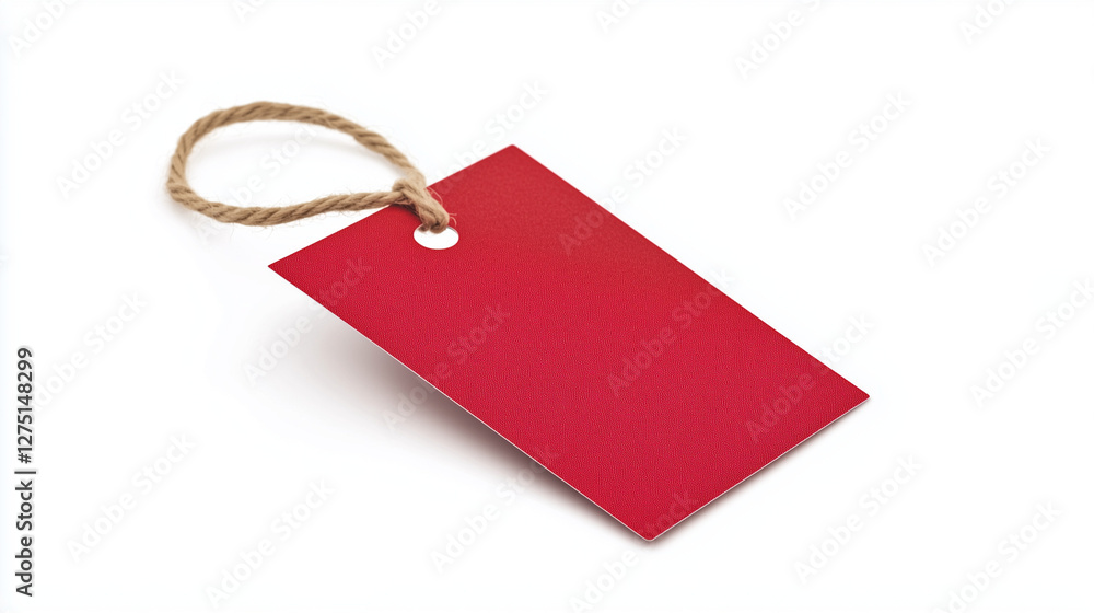 Poster blank red tag with string: a vibrant, blank red tag hangs, its simple design and natural twine strin