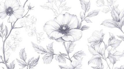 Authentic collection of traditionally illustrated floral elements featuring naturally imperfect hand-drawn outlines of garden flowers, wild botanicals, and detailed leaf shapes, showcasing organic