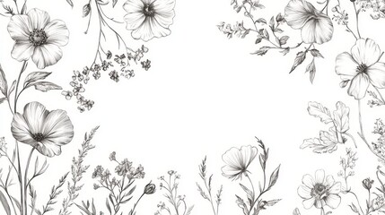 Authentic collection of traditionally illustrated floral elements featuring naturally imperfect hand-drawn outlines of garden flowers, wild botanicals, and detailed leaf shapes, showcasing organic