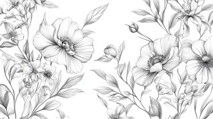 Authentic collection of traditionally illustrated floral elements featuring naturally imperfect hand-drawn outlines of garden flowers, wild botanicals, and detailed leaf shapes, showcasing organic