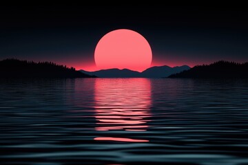 Pink Sunset Over Silhouetted Mountains and Lake