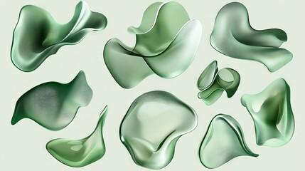 Fototapeta premium Contemporary collection of floating organic shapes in soft forest green, featuring smooth curved outlines and irregular rounded edges, multiple overlapping translucent amoeba-inspired forms, precise