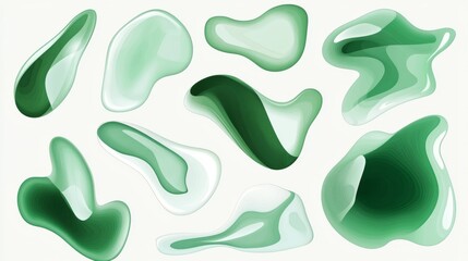 Contemporary collection of floating organic shapes in soft forest green, featuring smooth curved outlines and irregular rounded edges, multiple overlapping translucent amoeba-inspired forms, precise