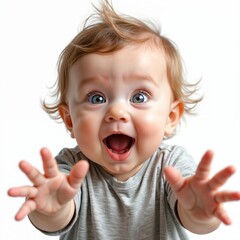 Adorable baby opens mouth wide with funny expression. Happy toddler shows positive emotion on white background. Cheerful kid with blond hair is smiling.