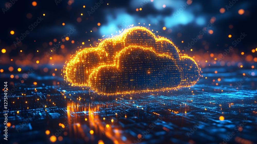 Poster a stunning digital representation of a cloud symbol made from glowing particles, symbolizing cloud c