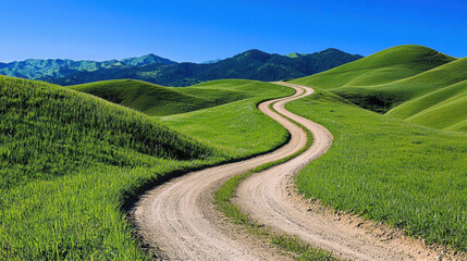 A winding dirt road meanders through lush green hills under a clear blue sky, inviting exploration and connection with nature.