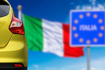 Fototapeta premium The flag of Italy and a modern car 