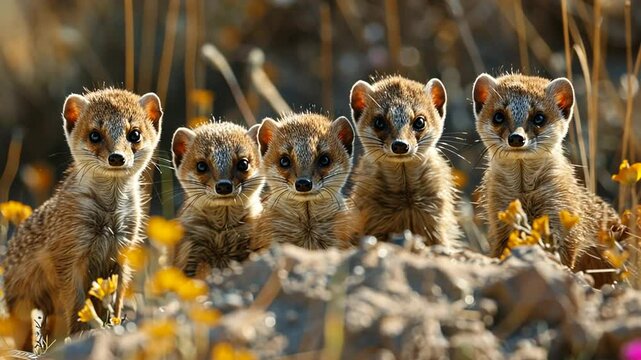 Group of five alert mongooses standing on a rocky terrain surrounded by wildflowers