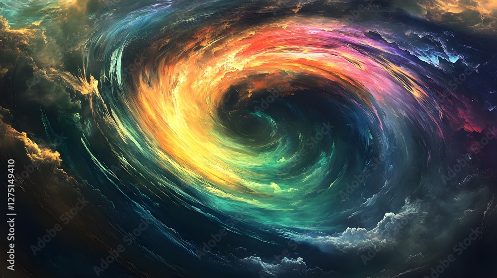 Poster a stunning representation of a colorful cosmic vortex, swirling through the universe. the vibrant co