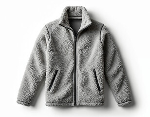 Mockup of grey Sherpa fleece jacket with full zip on white background. Warm winter apparel, cozy clothing, fashion outerwear, comfortable textile garment for online shop promo.