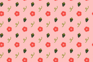 poppy buds with flower colorful seamless pattern on blue background. poppies burgeon, swirl doodle illustration pattern background. poppy flower buds background for florist decor and merchandise