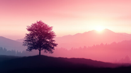 Fototapeta premium serene landscape featuring tree silhouetted against soft pink sunrise over mountains