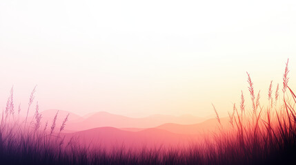 serene landscape of rolling hills fading into mist, with tall grass in foreground