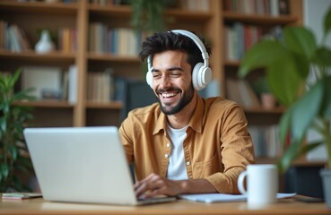 Happy young man uses headphones, works on laptop at home. Smiling guy in casual attire, relaxed atmosphere. Home office setup, technology, modern workspace, enjoying audio, communication, digital