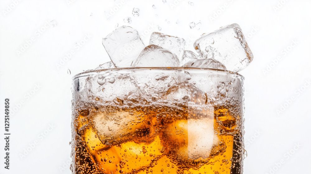 Poster refreshing moments: a close-up shot captures ice cubes splashing into a chilled drink, creating a pe