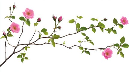 Premium botanical illustration of climbing rose branch, featuring blooming pink roses with intricate petal details, fresh spring green leaves with natural vein patterns, graceful curving stems,