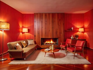 Mid-century modern living room: long exposure reveals fireplace's glow against wood.