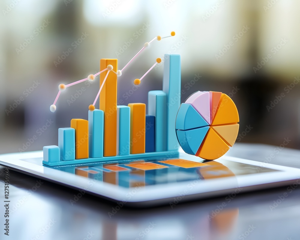 Poster a vibrant digital representation of business analytics showcasing colorful bar and pie charts on a t